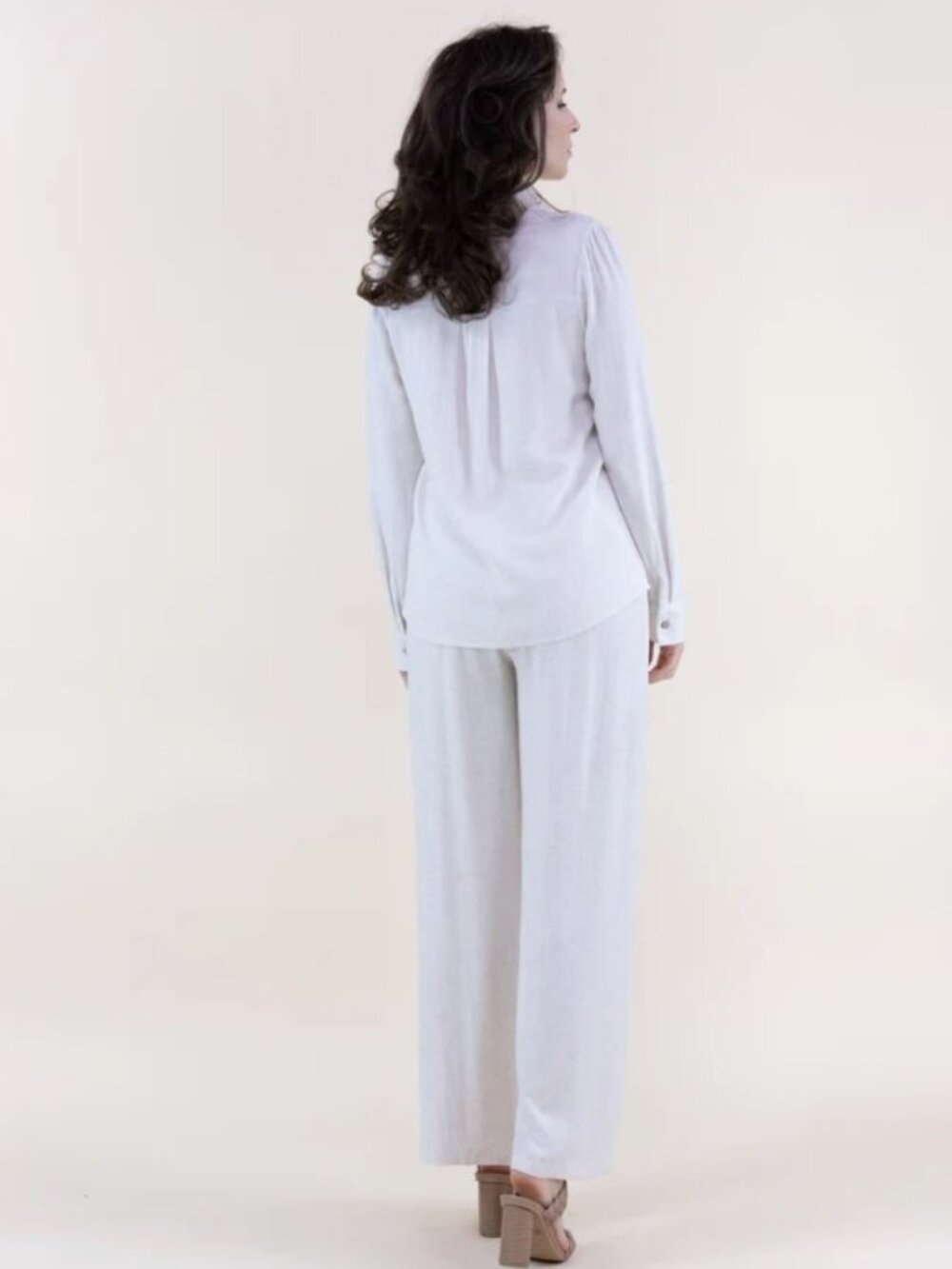 MDM05. Elegant Ivory Linen Floral Embroidered Button-Up Top & Wide-Leg Pants Set - Picture 4 of 4